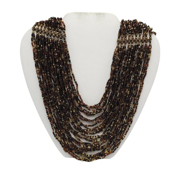 Multi Strand Brown Black Glass Seed Beaded Bib Necklace With Adjustable Chain - Picture 1 of 4